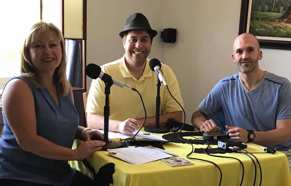 Pierrette Raymond at the microphone recording the eSAX podcast with Jarrod Goldsmith